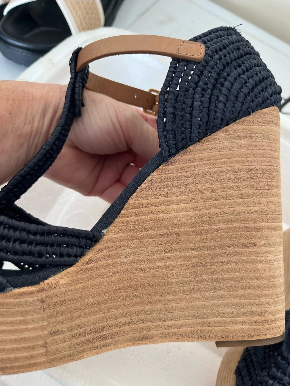 Tory Burch Black Woven T-Strap Wedge Sandals NEW Ankle Strap carina size 7